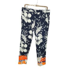 Zara Womens Size 6 Pants Stretch Navy Tropical Floral‎ Color Block Cropped Ankle